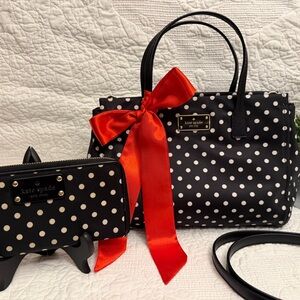 Kate Spade Black and White Polka Dot Satchel with Red Bow and wallet